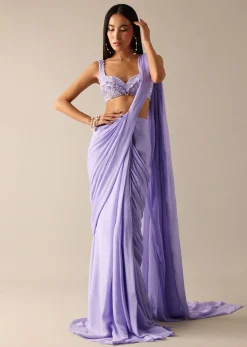 Purple Pre Pleated Saree with Pearl Embroidered Blouse