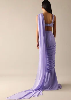 Purple Pre Pleated Saree with Pearl Embroidered Blouse