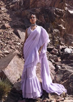 Purple Pre Stitched Frill Saree With Blouse