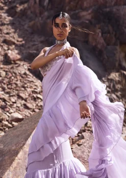 Purple Pre Stitched Frill Saree With Blouse