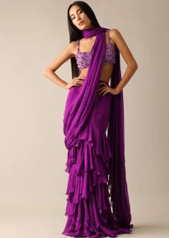 Purple Pre-Draped Layered Frill Saree with Embroidered Blouse - DEME X KALKI