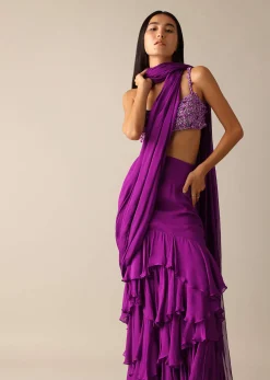 Purple Pre-Draped Layered Frill Saree with Embroidered Blouse - DEME X KALKI