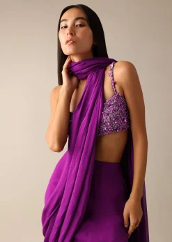 Purple Pre-Draped Layered Frill Saree with Embroidered Blouse - DEME X KALKI