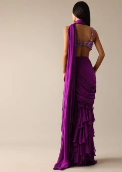 Purple Pre-Draped Layered Frill Saree with Embroidered Blouse - DEME X KALKI