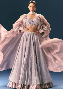 Purple Pre-Pleated Lehenga And Blouse Set With Choker Dupatta