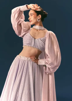 Purple Pre-Pleated Lehenga And Blouse Set With Choker Dupatta