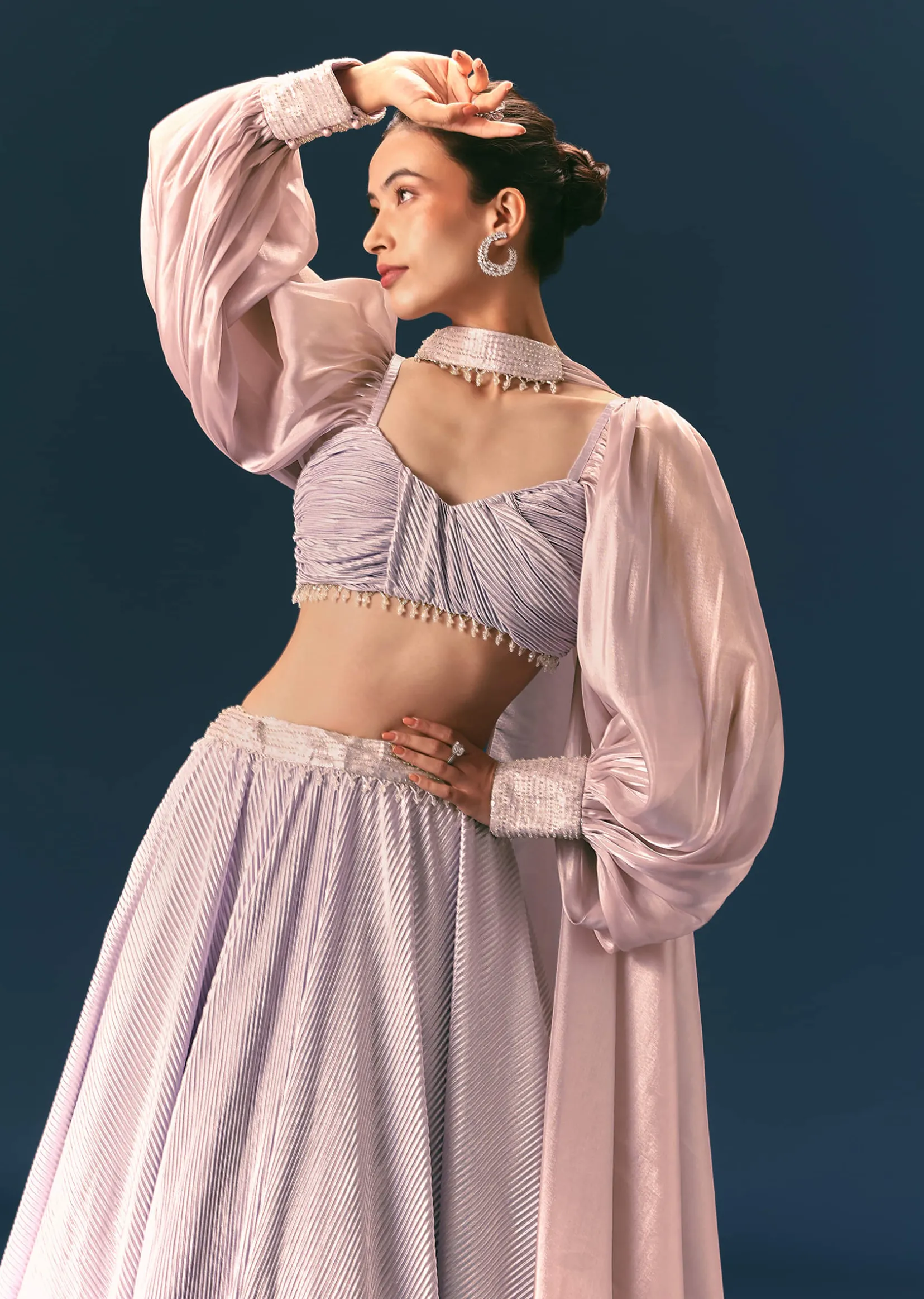 Purple Pre-Pleated Lehenga And Blouse Set With Choker Dupatta