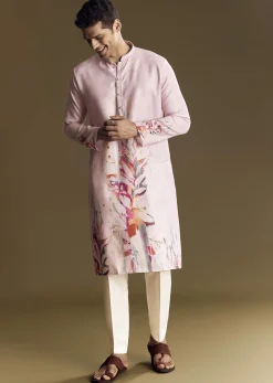Purple Printed Linen Kurta Set With Mandarin Collar