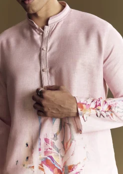 Purple Printed Linen Kurta Set With Mandarin Collar