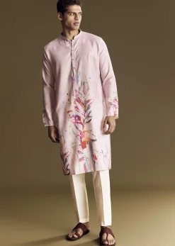 Purple Printed Linen Kurta Set With Mandarin Collar
