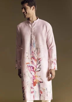 Purple Printed Linen Kurta Set With Mandarin Collar
