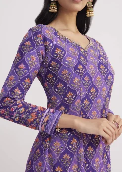 Purple Printed Mirror Work Kurta Set With Flared Palazzo
