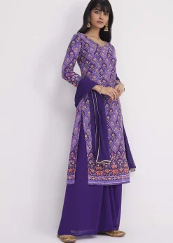 Purple Printed Mirror Work Kurta Set With Flared Palazzo