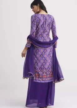 Purple Printed Mirror Work Kurta Set With Flared Palazzo