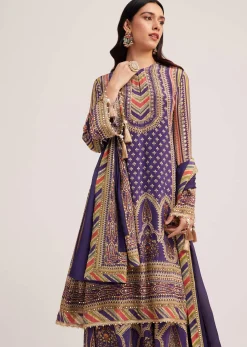 Purple Printed Palazzo Set With Mirror Work