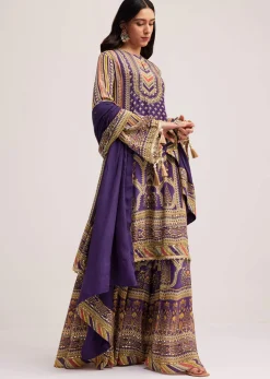 Purple Printed Palazzo Set With Mirror Work