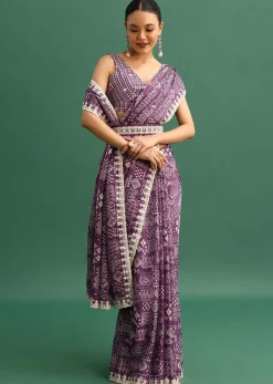 Purple Printed Satin Saree With Sequins Embroidered Border And Unstitched Blouse