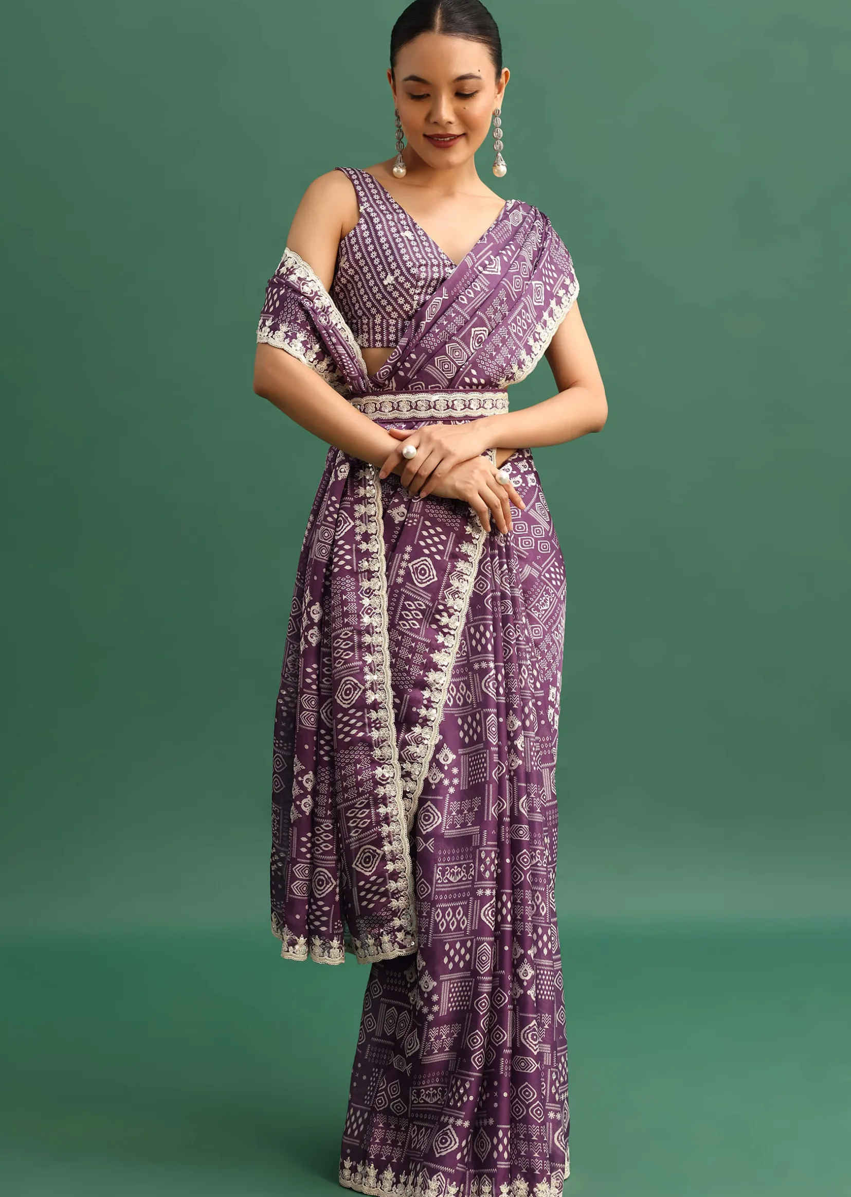 Purple Printed Satin Saree With Sequins Embroidered Border And Unstitched Blouse