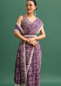 Purple Printed Satin Saree With Sequins Embroidered Border And Unstitched Blouse