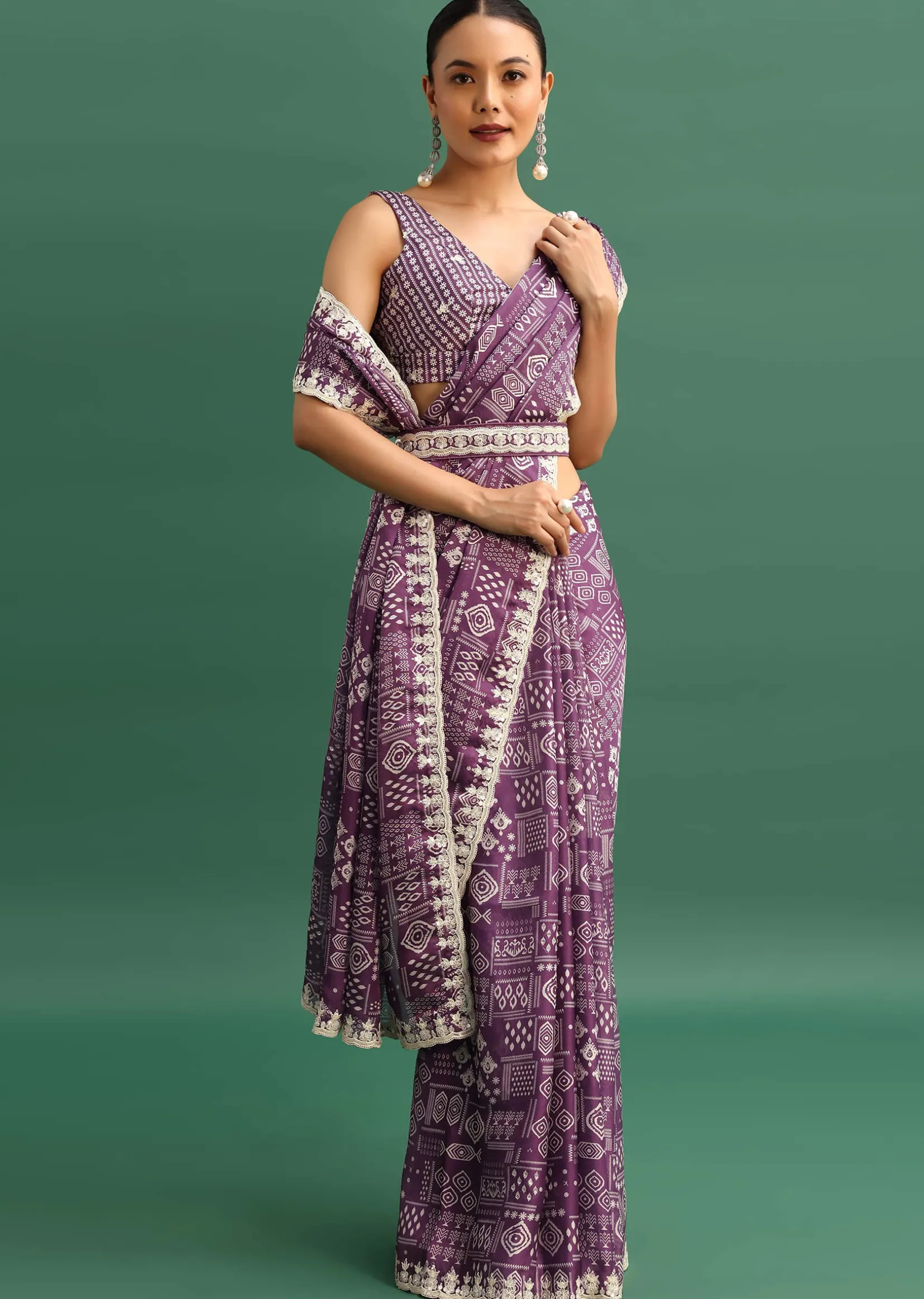 Purple Printed Satin Saree With Sequins Embroidered Border And Unstitched Blouse