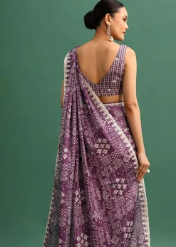 Purple Printed Satin Saree With Sequins Embroidered Border And Unstitched Blouse