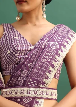 Purple Printed Satin Saree With Sequins Embroidered Border And Unstitched Blouse