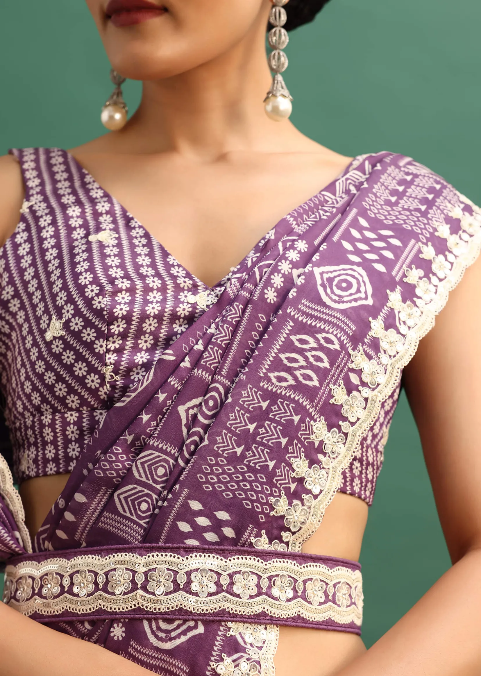 Purple Printed Satin Saree With Sequins Embroidered Border And Unstitched Blouse