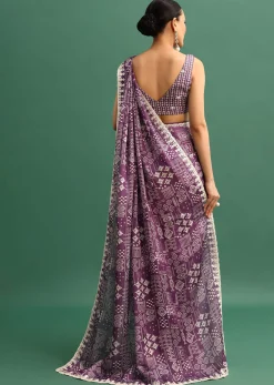 Purple Printed Satin Saree With Sequins Embroidered Border And Unstitched Blouse