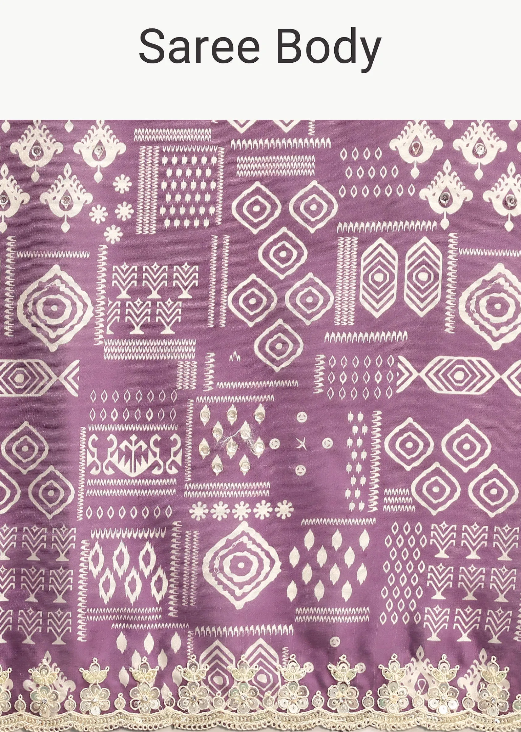 Purple Printed Satin Saree With Sequins Embroidered Border And Unstitched Blouse