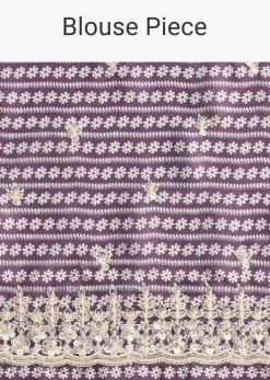 Purple Printed Satin Saree With Sequins Embroidered Border And Unstitched Blouse