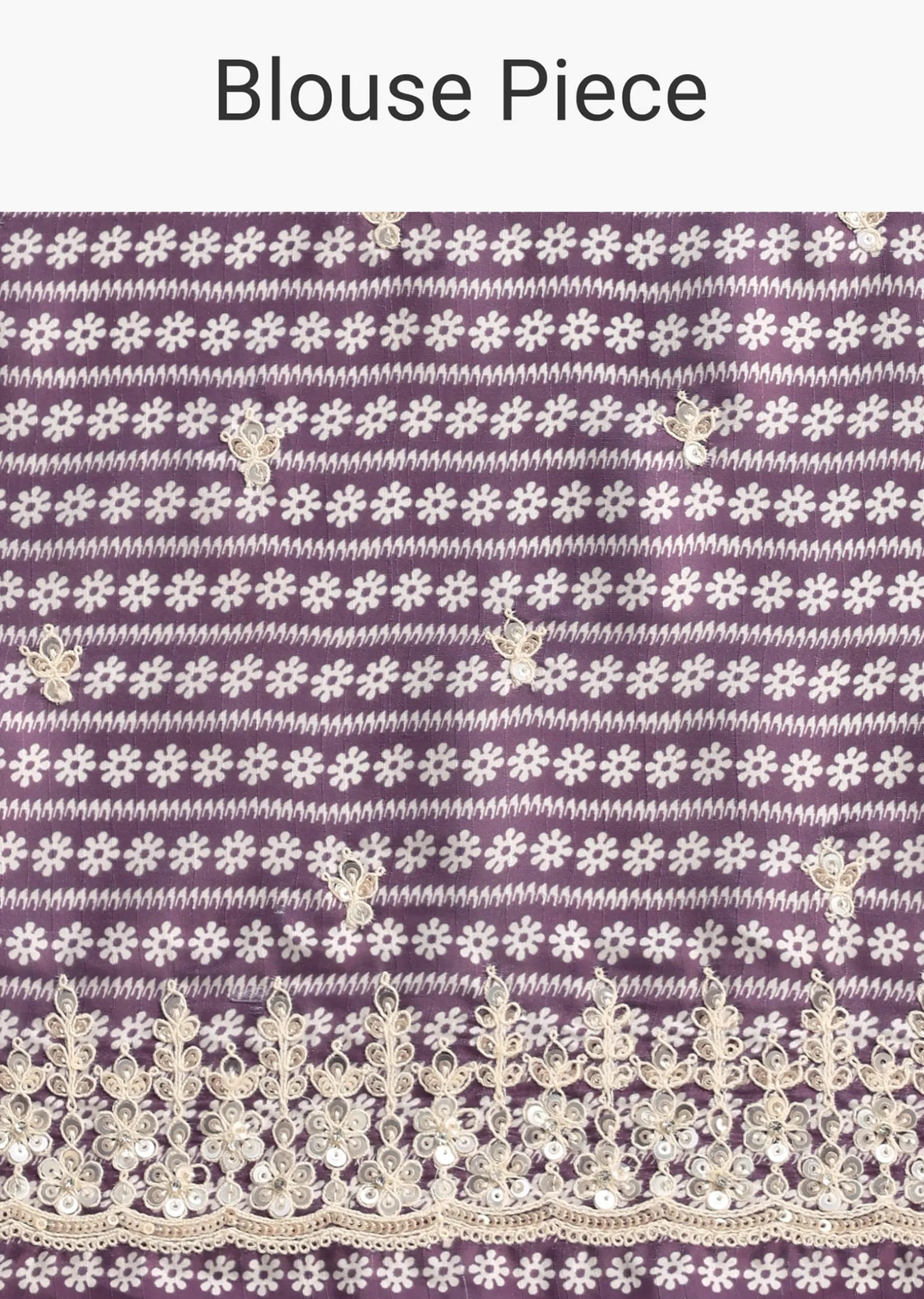 Purple Printed Satin Saree With Sequins Embroidered Border And Unstitched Blouse