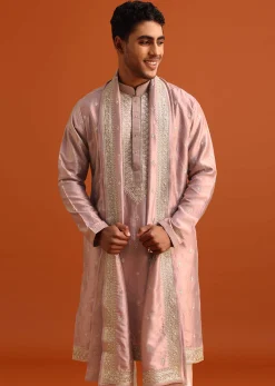 Purple Raw Silk Kurta Set With Thread Work Dupatta