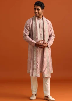 Purple Raw Silk Kurta Set With Thread Work Dupatta
