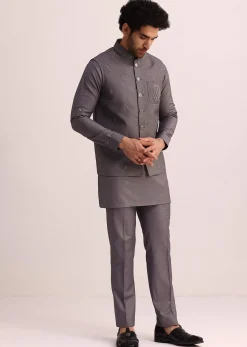 Purple Rayon Kurta Jacket With Mandarin Collar