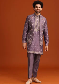 Purple Resham Work Kurta Jacket Set In Silk