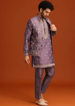 Purple Resham Work Kurta Jacket Set In Silk