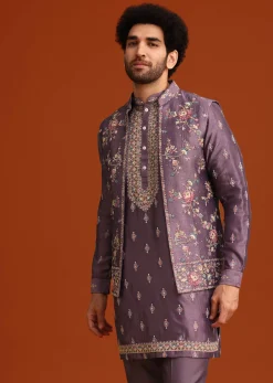 Purple Resham Work Kurta Jacket Set In Silk