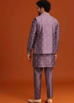 Purple Resham Work Kurta Jacket Set In Silk