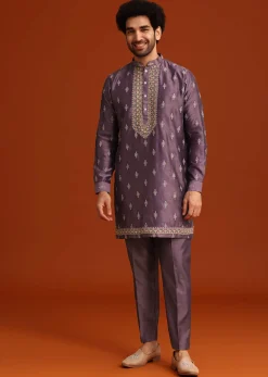 Purple Resham Work Kurta Jacket Set In Silk