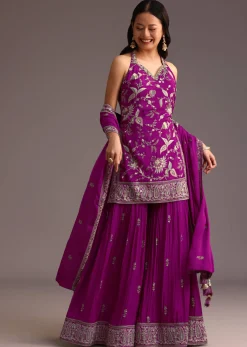 Purple Resham Work Sharara Set With Dupatta