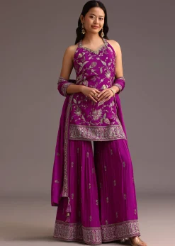 Purple Resham Work Sharara Set With Dupatta