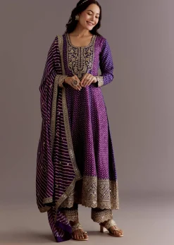 Purple Russian Silk Bandhani Anarkali Suit With Leheriya Dupatta
