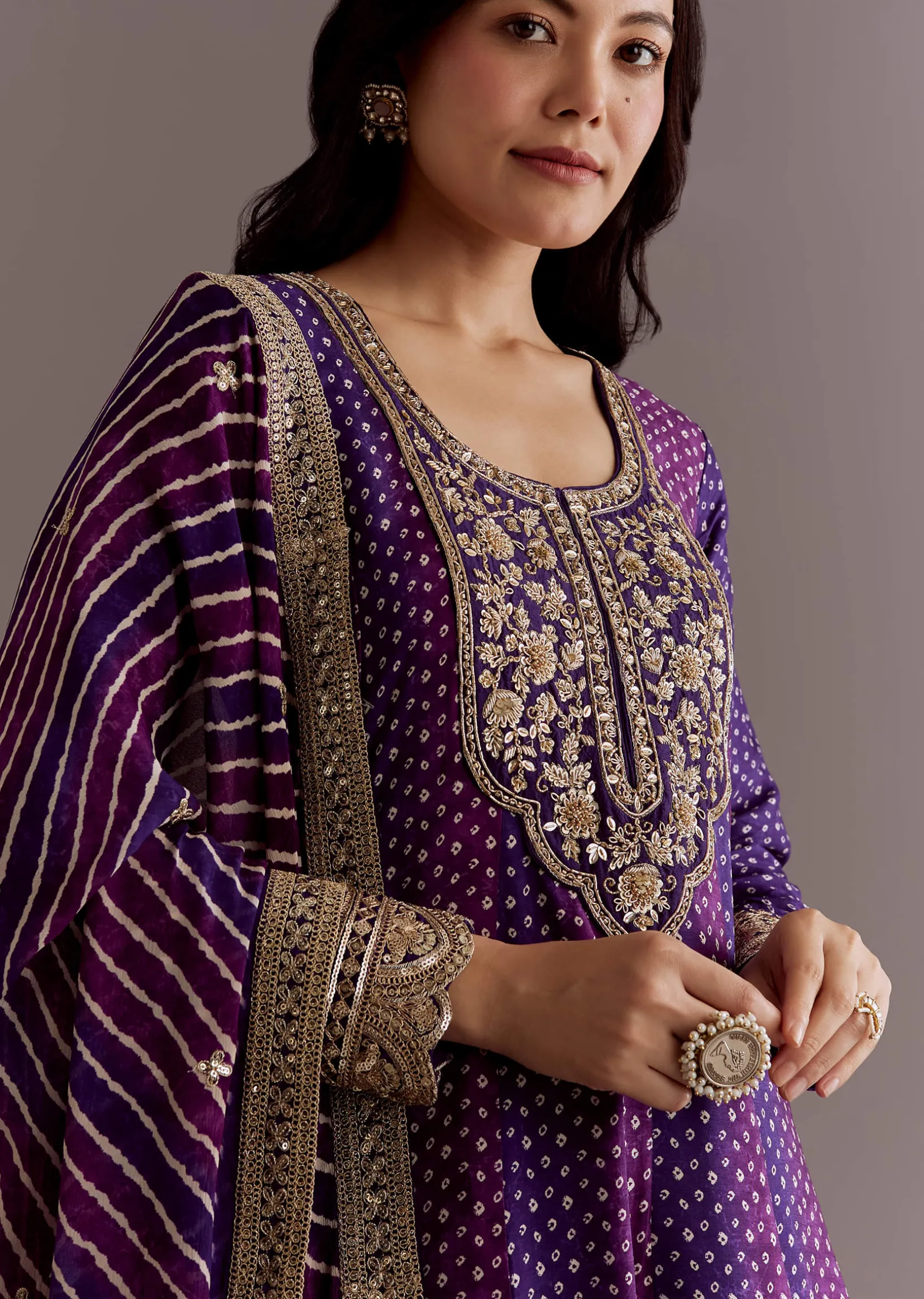 Purple Russian Silk Bandhani Anarkali Suit With Leheriya Dupatta