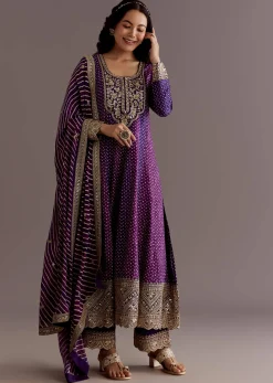 Purple Russian Silk Bandhani Anarkali Suit With Leheriya Dupatta