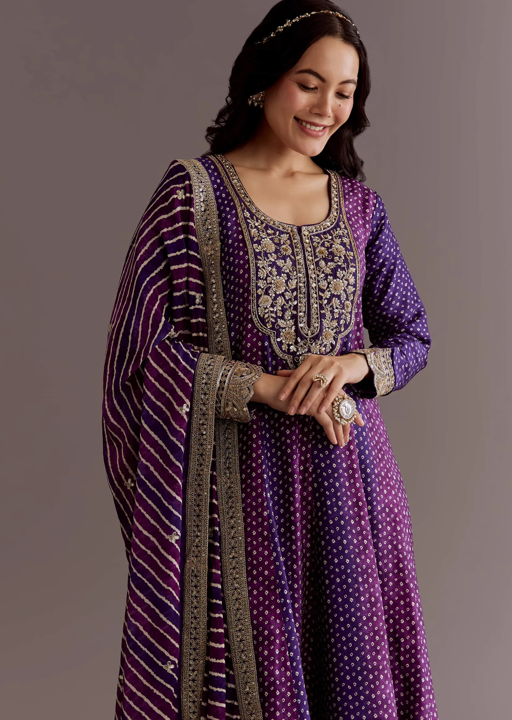 Purple Russian Silk Bandhani Anarkali Suit With Leheriya Dupatta