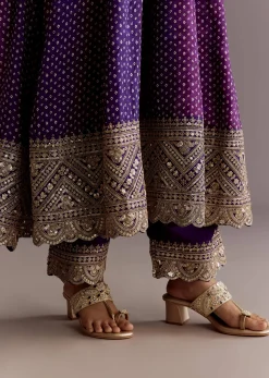 Purple Russian Silk Bandhani Anarkali Suit With Leheriya Dupatta