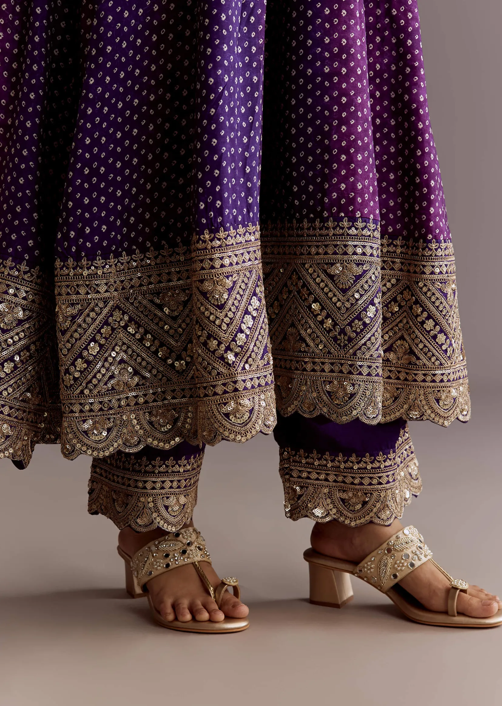 Purple Russian Silk Bandhani Anarkali Suit With Leheriya Dupatta