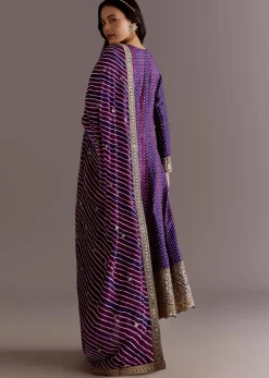 Purple Russian Silk Bandhani Anarkali Suit With Leheriya Dupatta