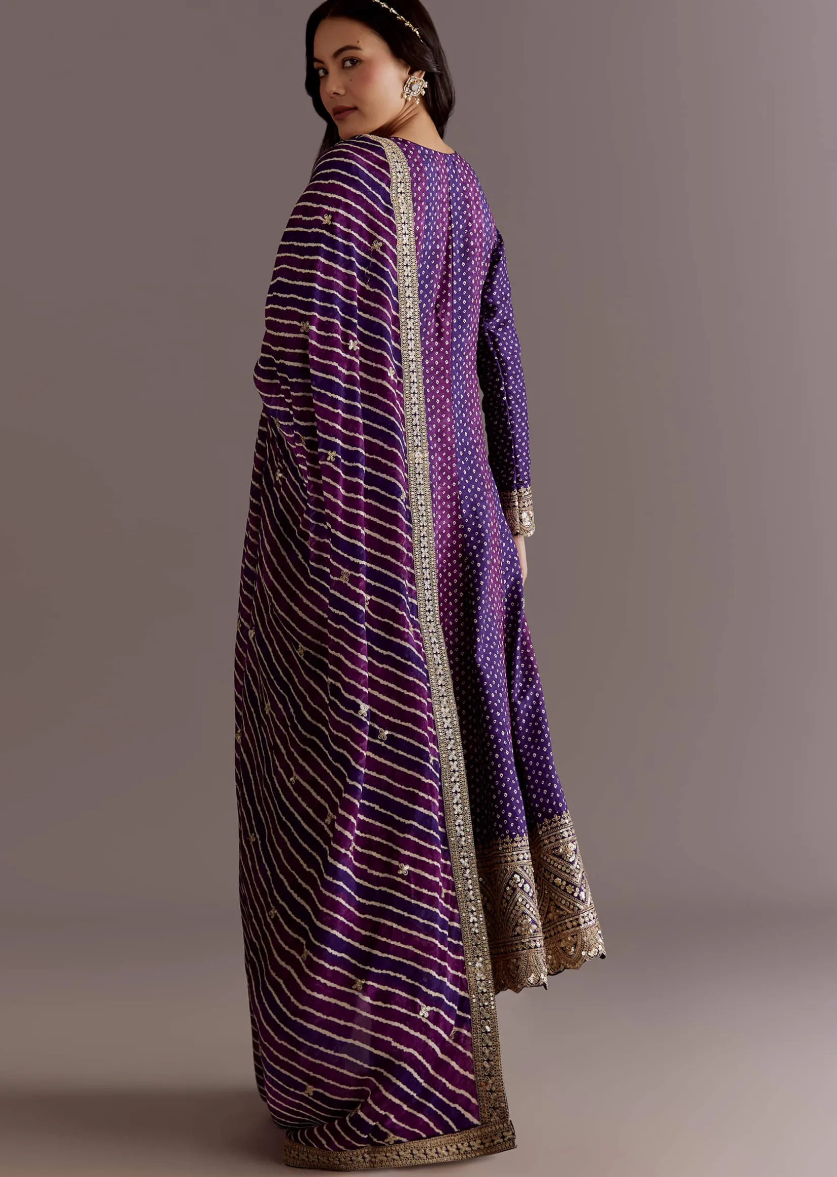 Purple Russian Silk Bandhani Anarkali Suit With Leheriya Dupatta