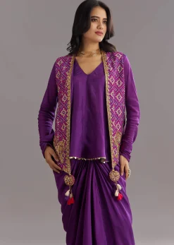 Purple Russian Silk Jacket Set With Zardosi Border and Fancy Pleated Skirt